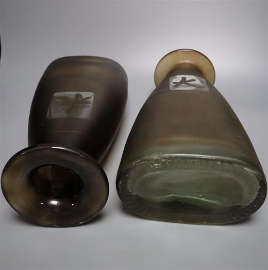 A pair of frosted glass vases bearing Chinese symbols, 31cm high